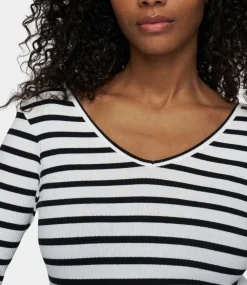 10Days V-neck long sleeve ballet top stripes ecru/black 20-772-5202-3006